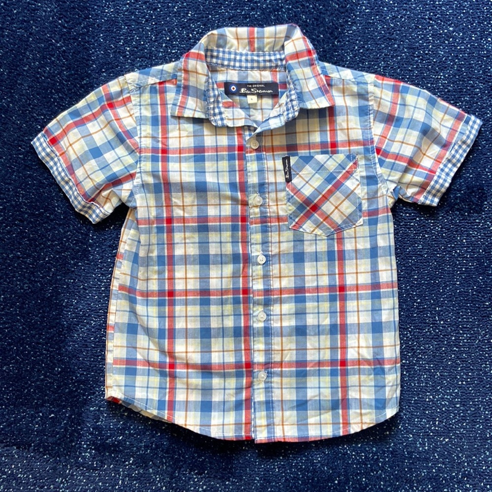Boys button up plaid Ben Sherman shirt red blue yellow brown shirt sleeve